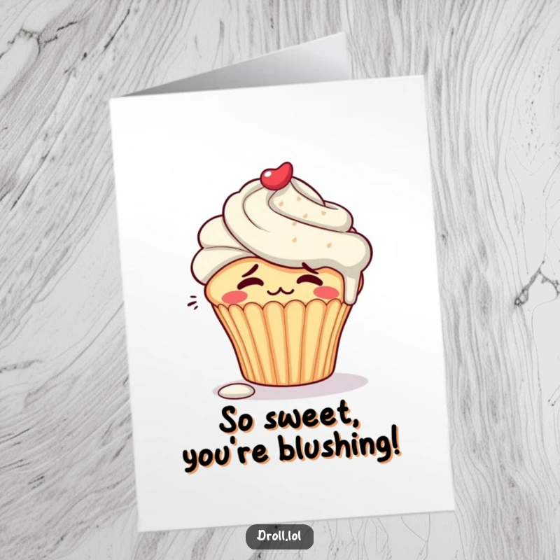 Funny Free Printable Congrats Card: A blushing cupcake with frosting drips, conveying sweet and shy congratulations.