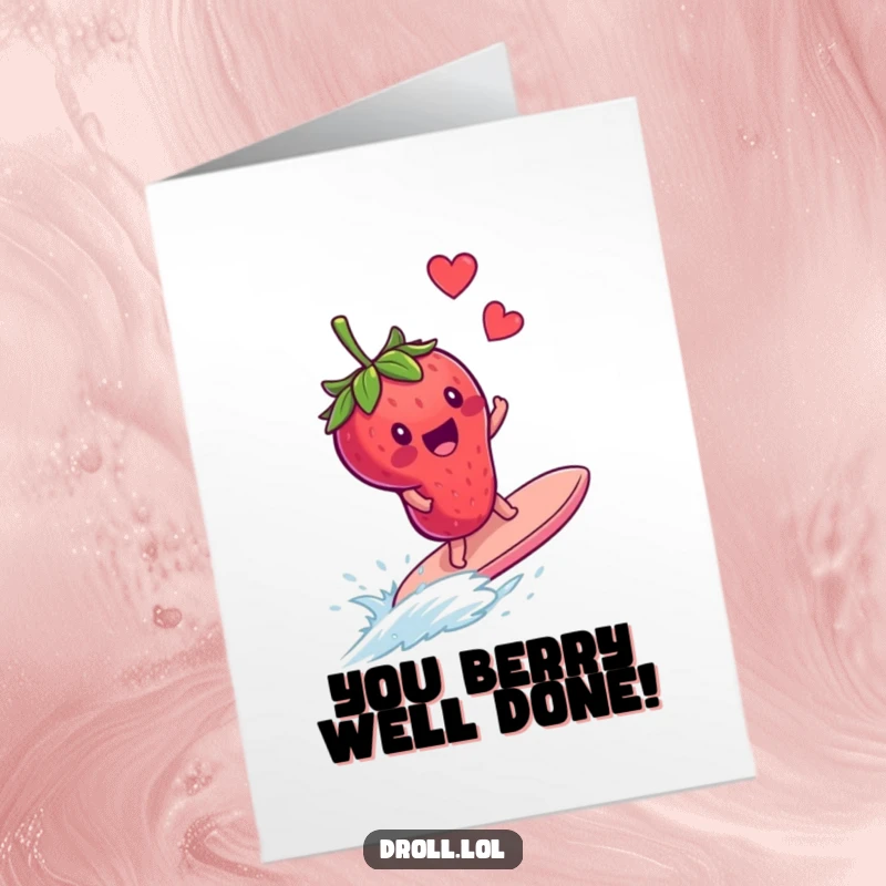 Funny Free Printable Congratulations Card: Delighted strawberry humorously surfing a runaway blueberry, celebrating success.