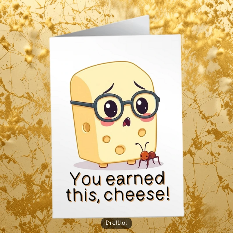 Funny free printable congratulations card: a cheese character with spectacles marvels at a minuscule ant.