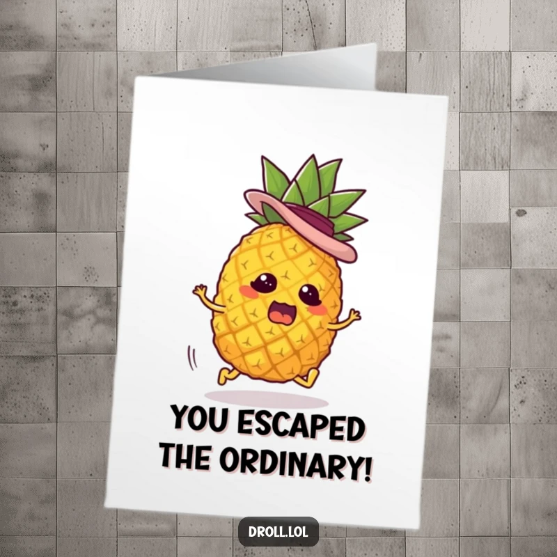 Funny Free Printable Congrats Card: A pineapple wearing a hat flees with tiny legs, looking panicked.