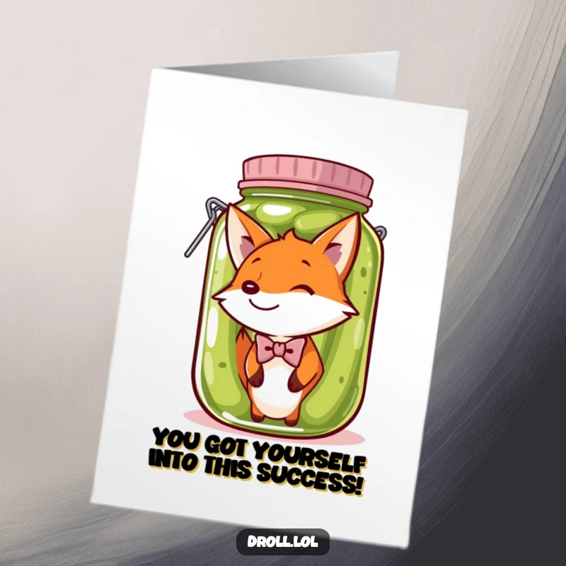 Funny Free Printable Congrats Card: A bowtie-wearing fox hilariously trapped in a huge jar of pickles, adding humor.