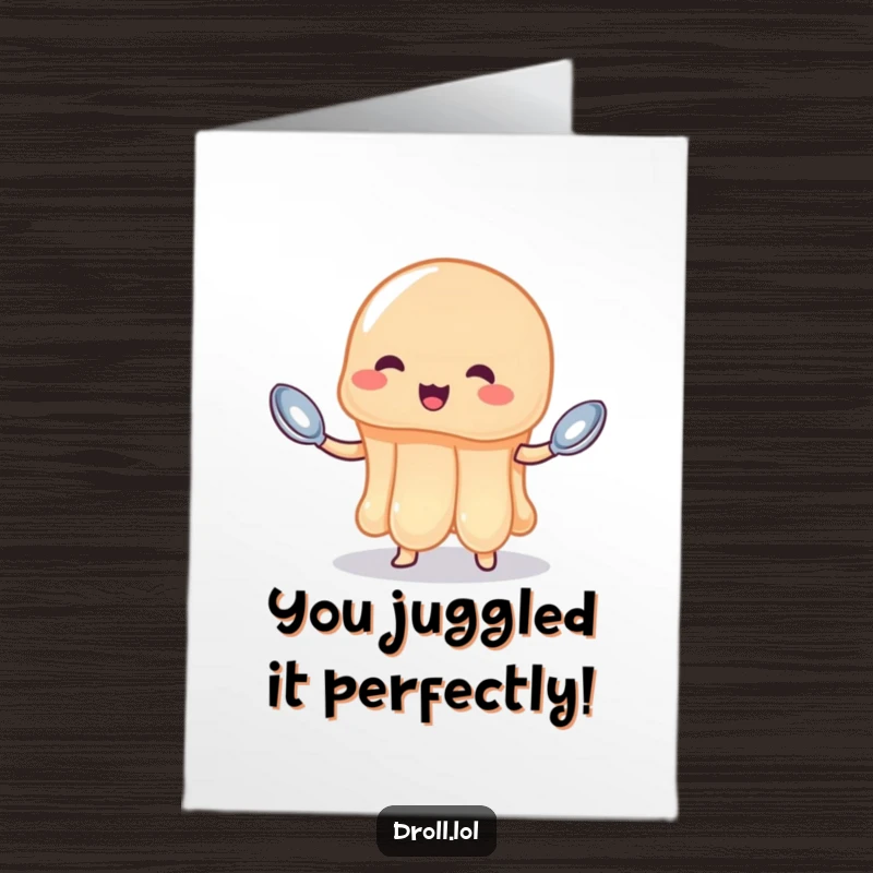 Funny Free Printable Congratulations Card: A wobbly jelly juggles tiny spoons, a surprising display of skill.