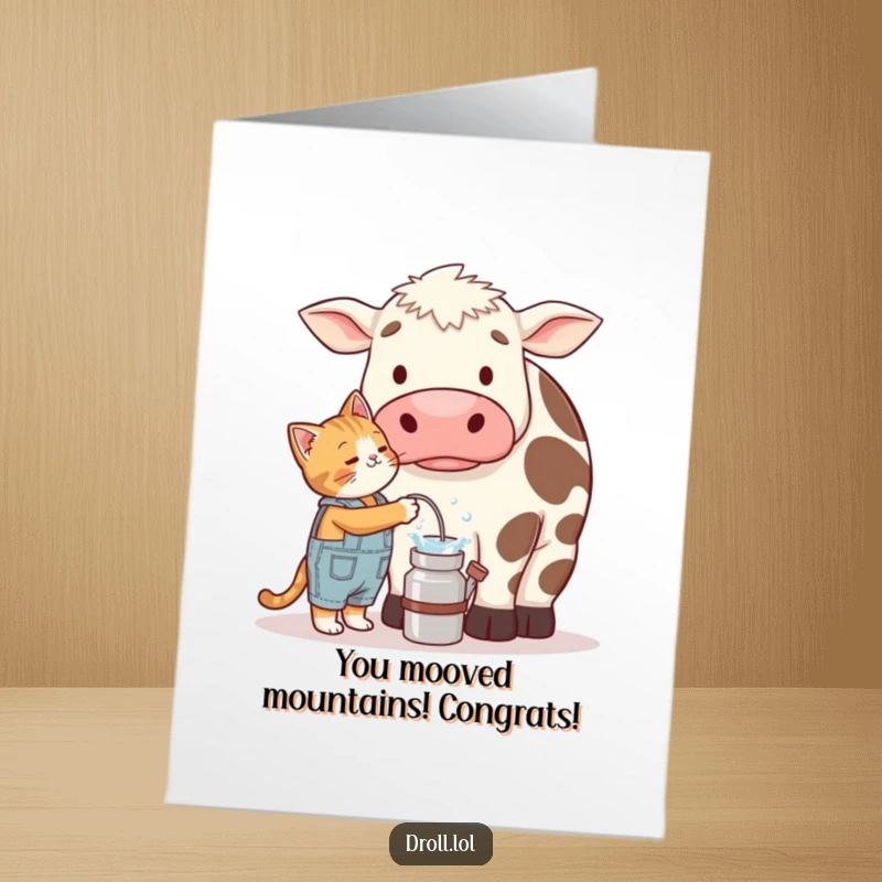 Funny Free Printable Congratulations Card: Cat wearing overalls curiously tries to milk a bewildered, oversized cow. Utterly amusing.