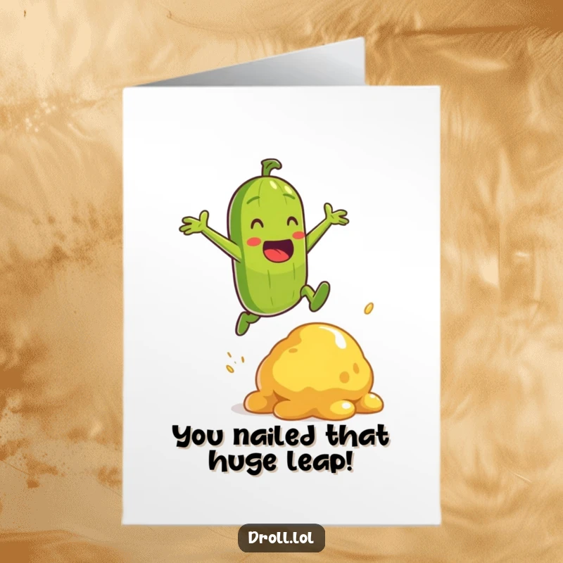 Funny Free Printable Congrats Card: A high-energy pickle character leaping over mustard, celebrating their amazing achievement.