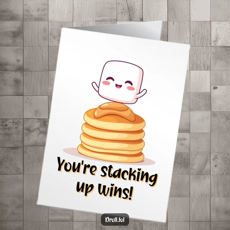 Funny Free Printable Congratulations Card: A giggling marshmallow balances on pancakes, symbolizing a sweet achievement.