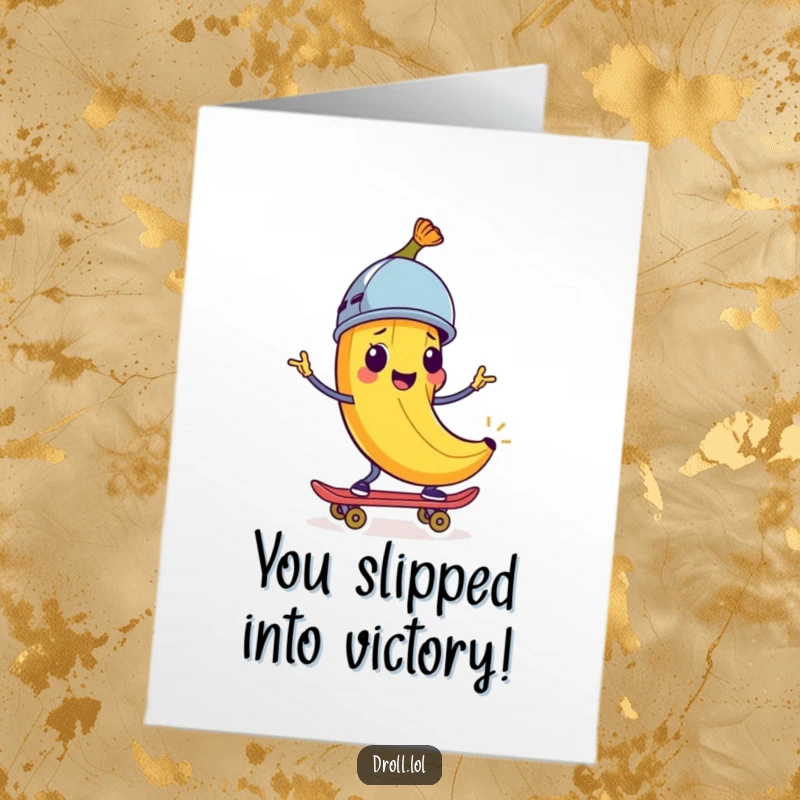 Funny Free Printable Congratulations Card: A happy banana peel, helmet on, rides a skateboard, celebrating success with a grin.