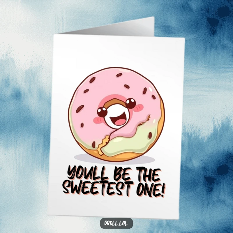 Funny Free Printable Congrats Card: A happy donut attempts to eat a cookie, offering a humorous celebration.
