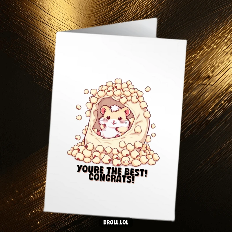 Funny Free Printable Congratulations Card: A delighted hamster is happily immersed in a giant bag brimming with popcorn kernels.