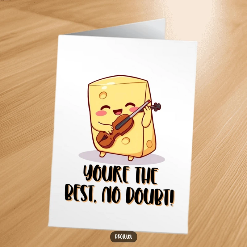 Funny Free Printable Cheese Wedge Congratulations Card: Smiling cheese plays a tiny violin, composing a tune of success.