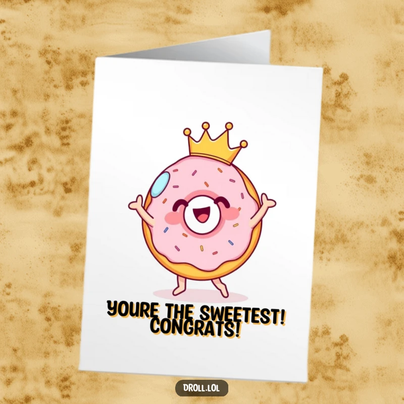Funny Free Printable Congratulations Card of a cheerful donut in a crown performing a silly dance.