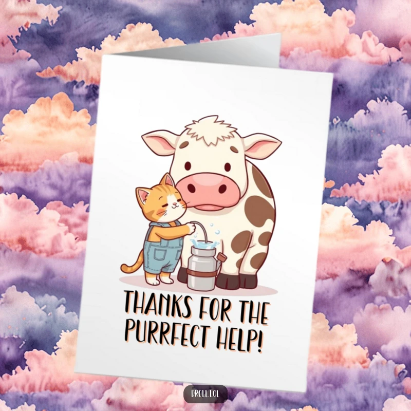 Funny Free Printable Thank You Card: A cat in overalls confronts a giant, befuddled cow, attempting to milk it. Quirky thanks.