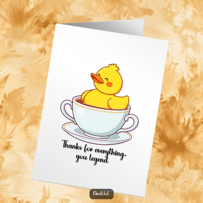 Funny Free Printable Thank You Card: A confused rubber duck bobs in a giant teacup, expressing thanks.