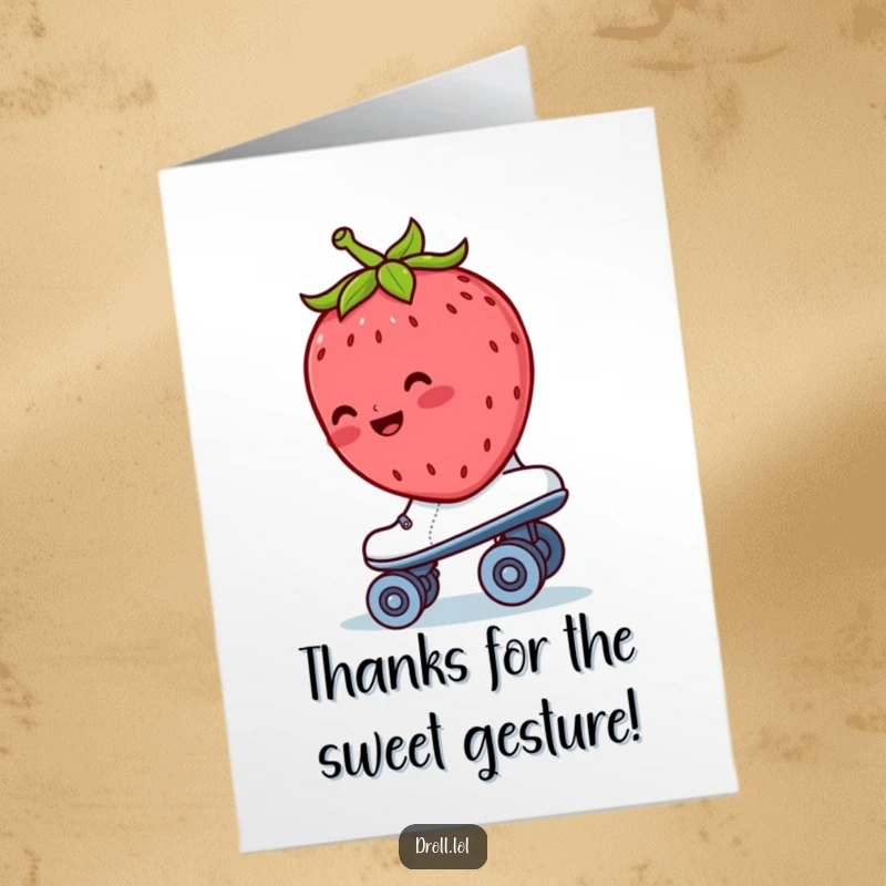 Funny Free Printable Thank You Card: A blushing strawberry skates backwards on a roller skate with a sweet smile.