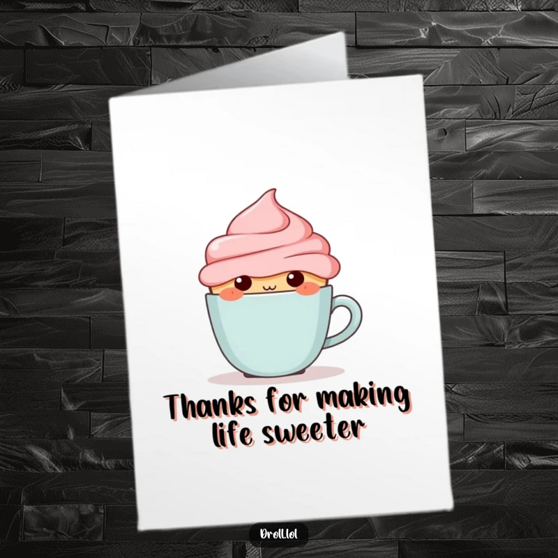 Funny Free Printable Thank You Card: A blushing cupcake character using a tiny coffee cup as a shield to hide behind.