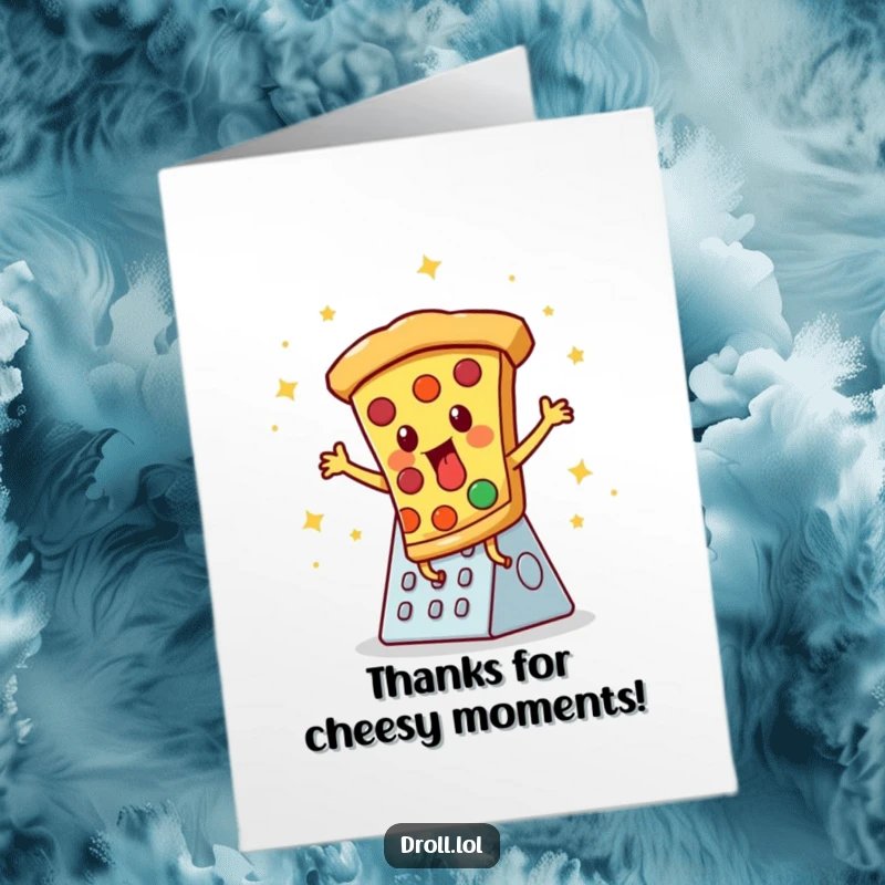 Funny Free Printable Thank You Card: Pizza slice performing a disco dance on a cheese grater, expressing cheesy gratitude.