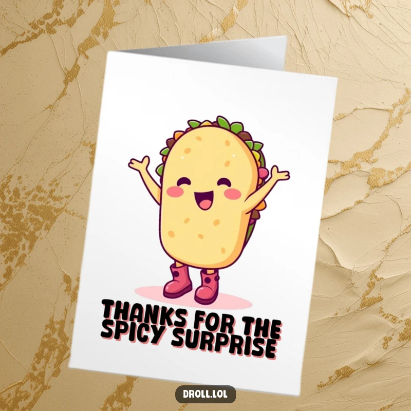 Funny Free Printable Thank You Card: A happy taco wearing boots does a silly dance, offering thanks.