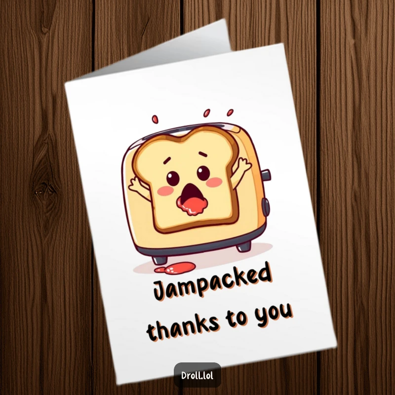 Funny Free Printable thank you card, a surprised toast slice jumping from a toaster with jam splatter, sending thanks.