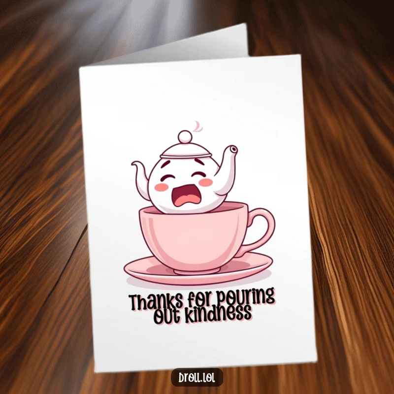 Funny Free Printable Thank You Card: A startled teapot comically jumps from its teacup, a hilarious way to say thanks.