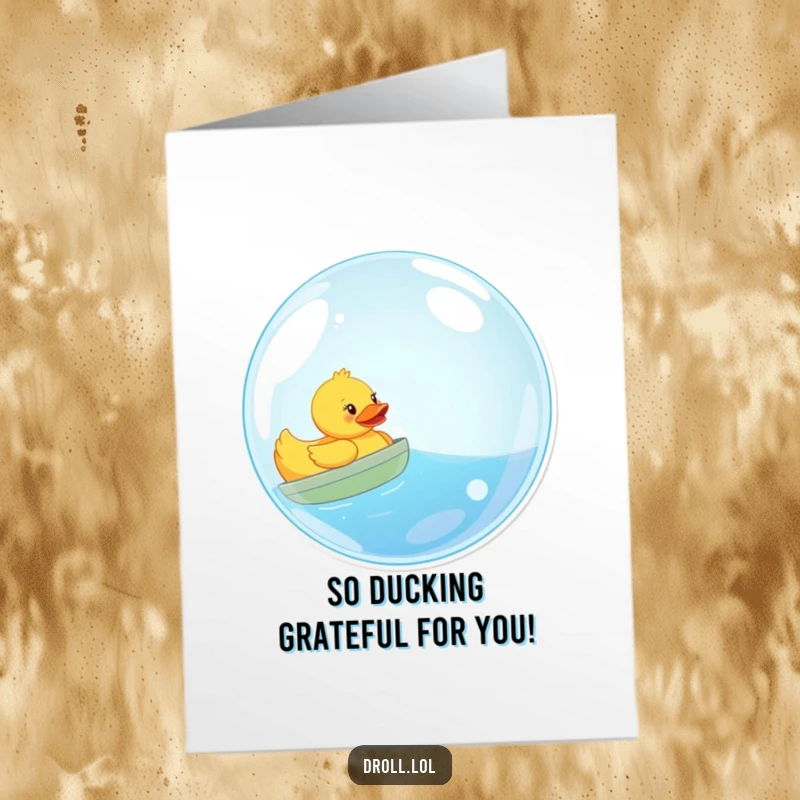 Funny Free Printable Thank You Card: A playful rubber duck humorously sailing a giant bubble, expressing thanks.