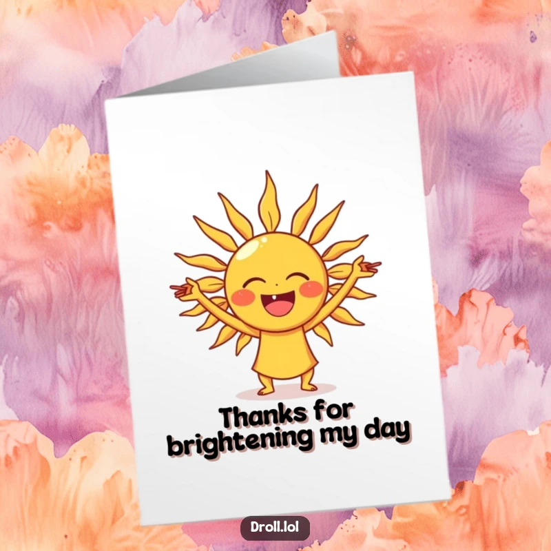 Funny free printable thank you card featuring a laughing sun doing yoga poses with its sunbeams.