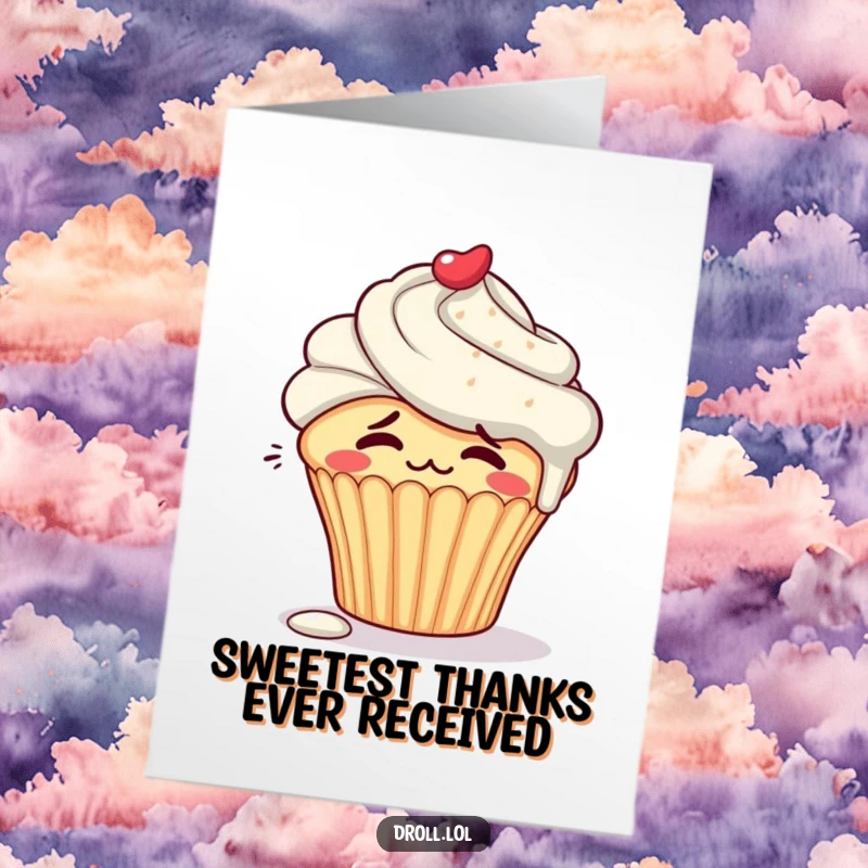 Funny Free Printable Thank You Card: A blushing cupcake with messy frosting, expressing shy and sweet gratitude.