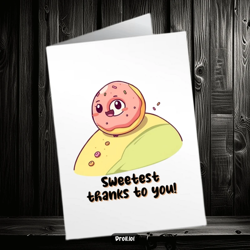 Funny Free Printable Thank You Card: A gleeful jelly donut rolls downhill, leaving a delightful sugary path as a thank you.
