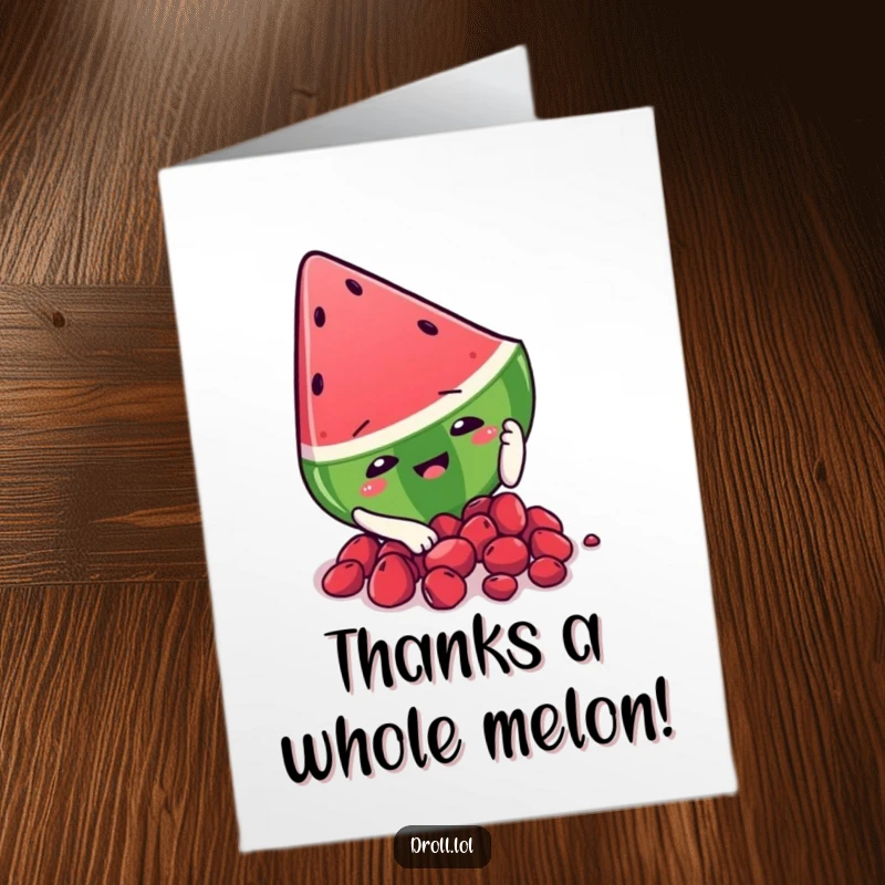 Funny free printable thank you card featuring a watermelon slice comically slipping on its seeds.