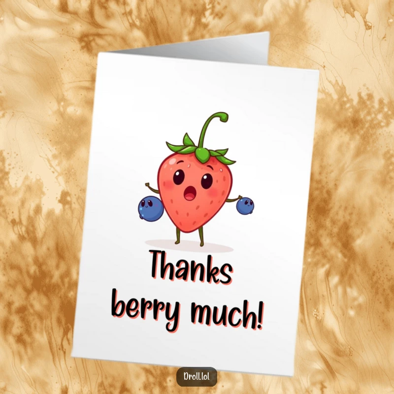 Funny Free Printable Thank You Card: A surprised strawberry happily juggles blueberries, delivering thanks with energetic, fruity style.