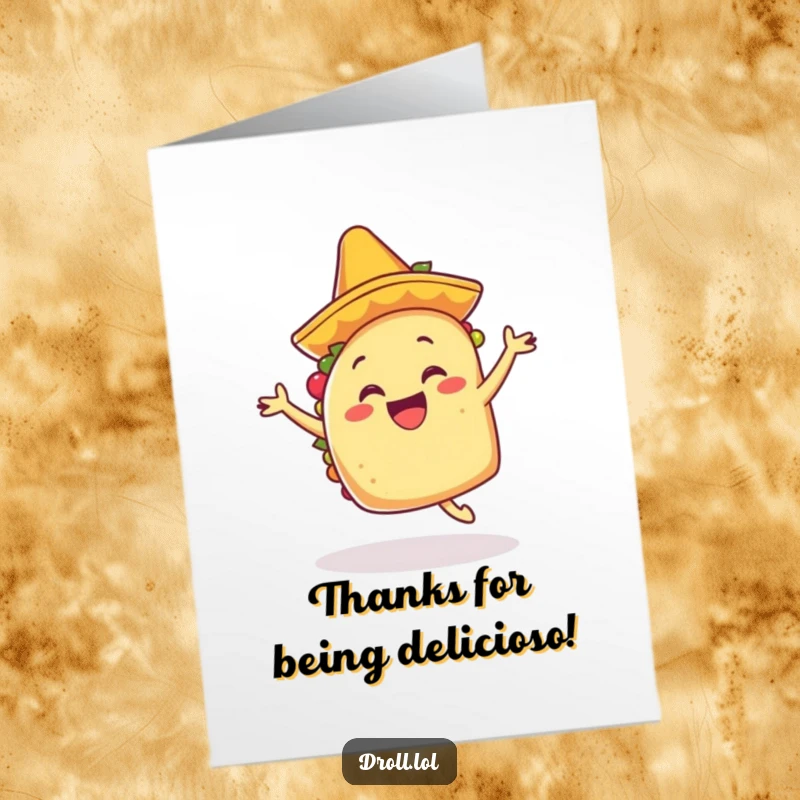 Funny Free Printable Taco Thank You Card: A happy taco wearing a mariachi hat, dancing joyfully to say thank you.