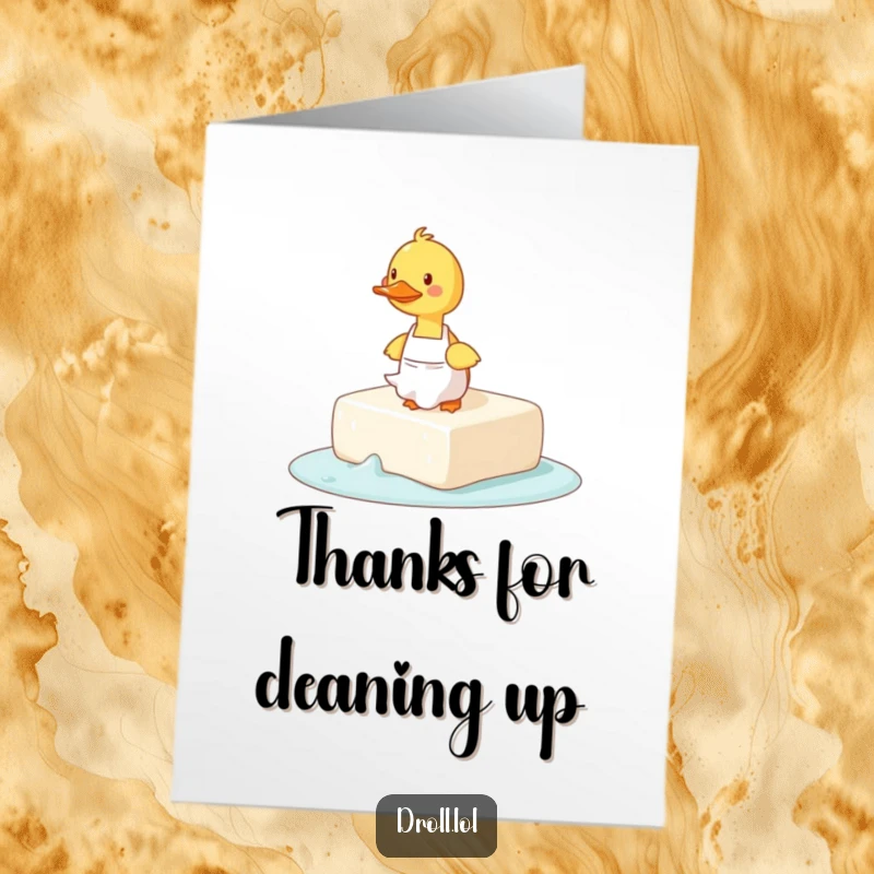 Funny Free Printable Thank You Card: A duck wearing a tiny apron is caught mid-slip on a huge bar of soap.