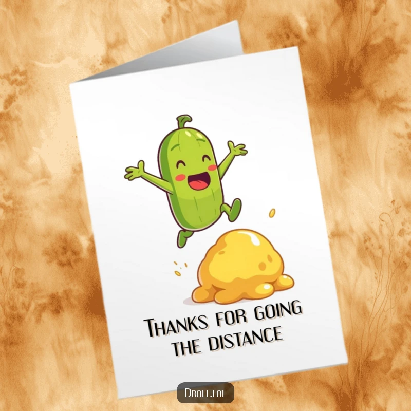 Funny Free Printable Thank You Card: An energetic pickle character mid-air over mustard, symbolizing a big thank you.