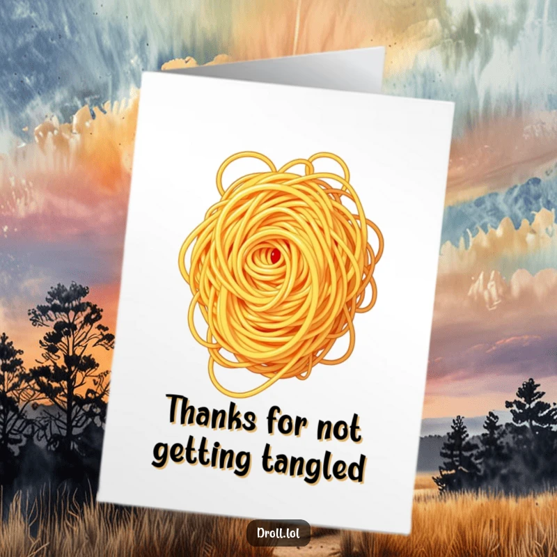 Funny free printable thank you card featuring a dizzy swirl of spaghetti trying to sort itself out.