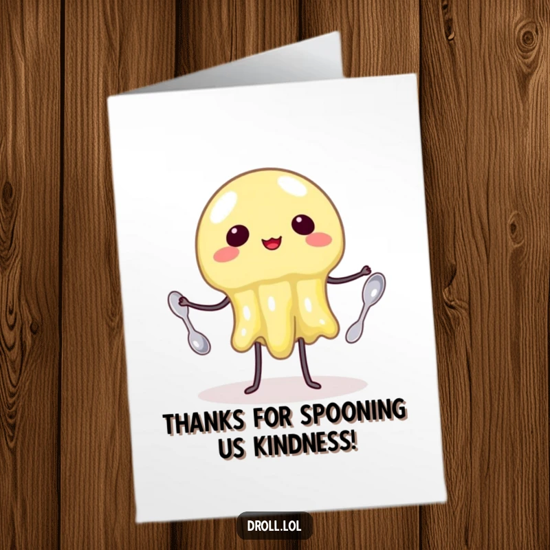 Funny Free Printable Thank You Card: A wobbly jelly attempts to juggle tiny spoons, humorously expressing gratitude.