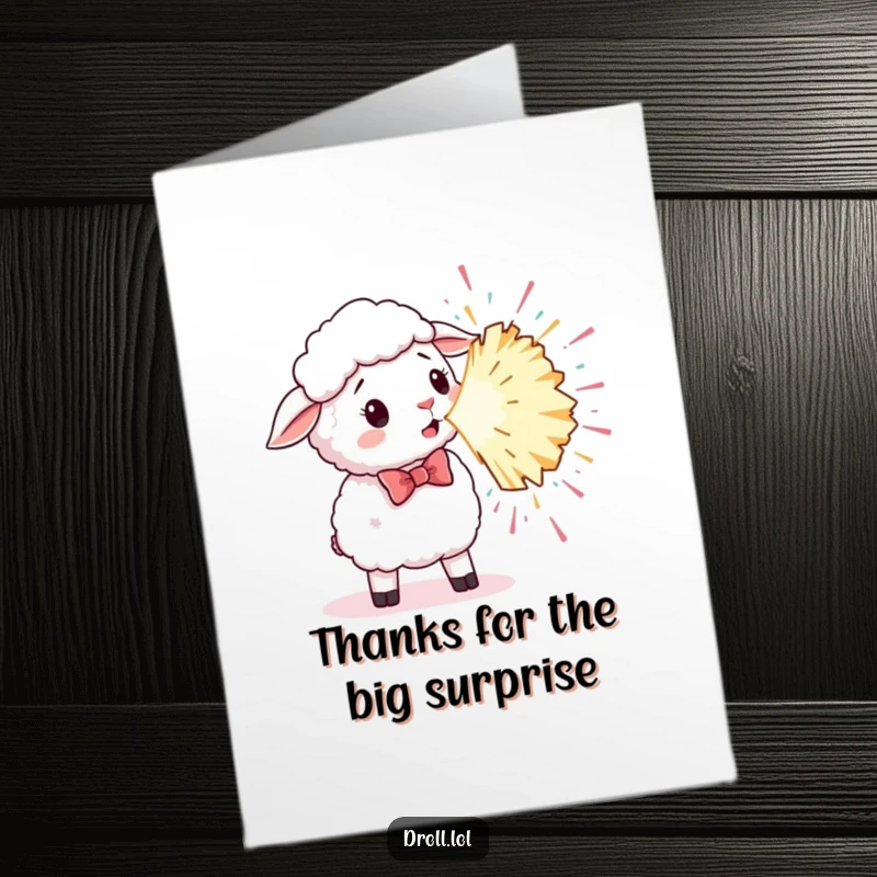 Funny Free Printable Thank You Card: A sheep in a bow tie is surprised by a large party popper showering confetti.