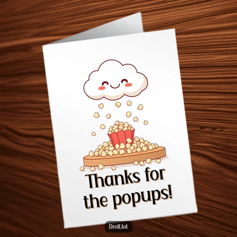 Funny Free Printable Thank You Card: A happy cloud raining popcorn onto a table, expressing thanks.