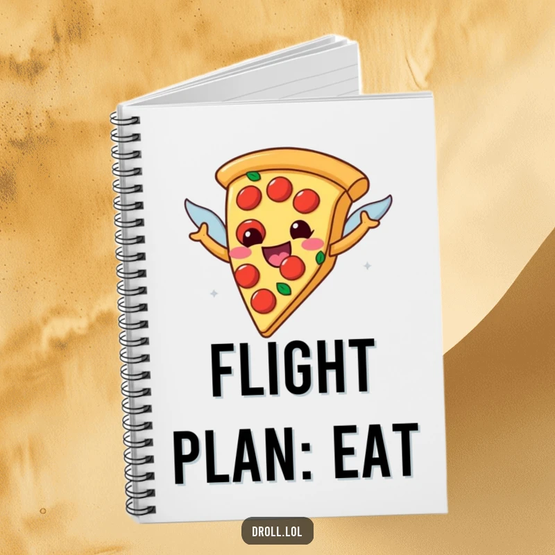 Funny happy pizza slice with pepperoni wings on a notebook cover, a humorous stationery item for jotting down tasty thoughts.
