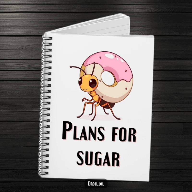 Funny notebook cover with a tiny, determined ant carrying a huge donut, symbolizing big achievements and focused effort.