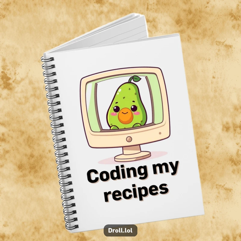 Funny notebook featuring a curious avocado peeking from a computer screen, for jotting down tech and food ideas.