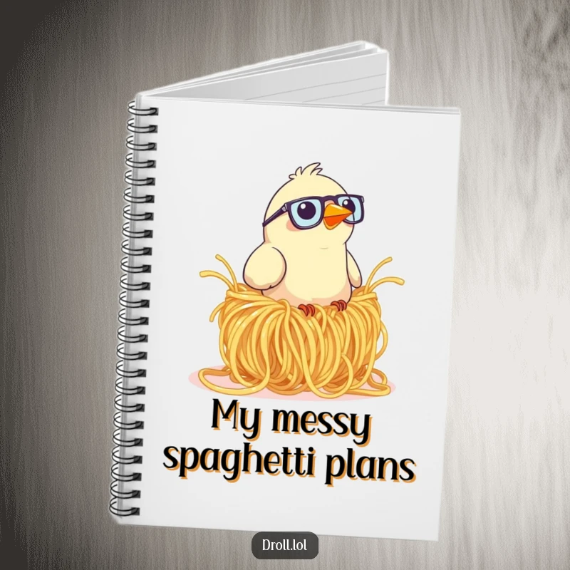 Funny notebook cover showing a bird in glasses humorously struggling to build a nest with giant spaghetti strands.