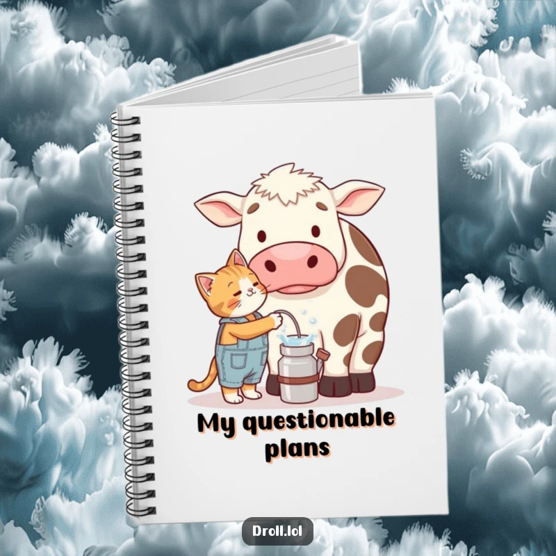 Funny notebook cover with a cat in overalls trying to milk a confused cow, symbolizing capturing thoughts with farm humor.