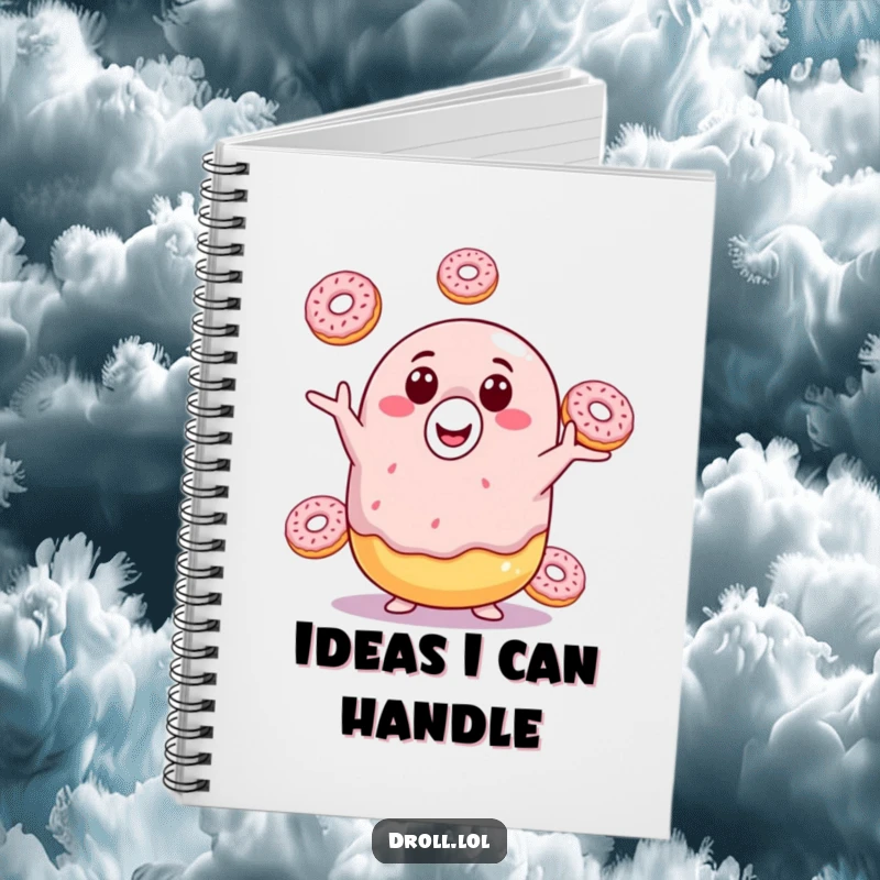 Funny donut notebook featuring a smiling donut juggling miniature donuts, inspiring joyful note-taking and creative brainstorming.
