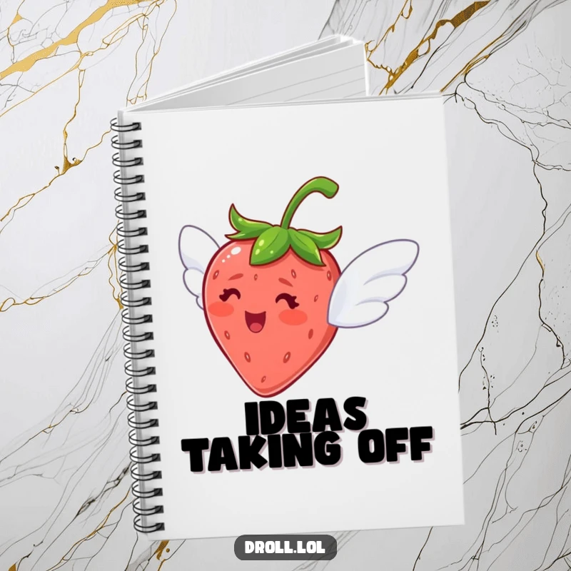 Funny notebook with a design of a delighted strawberry with tiny wings, looking eager to fly, ready for notes.