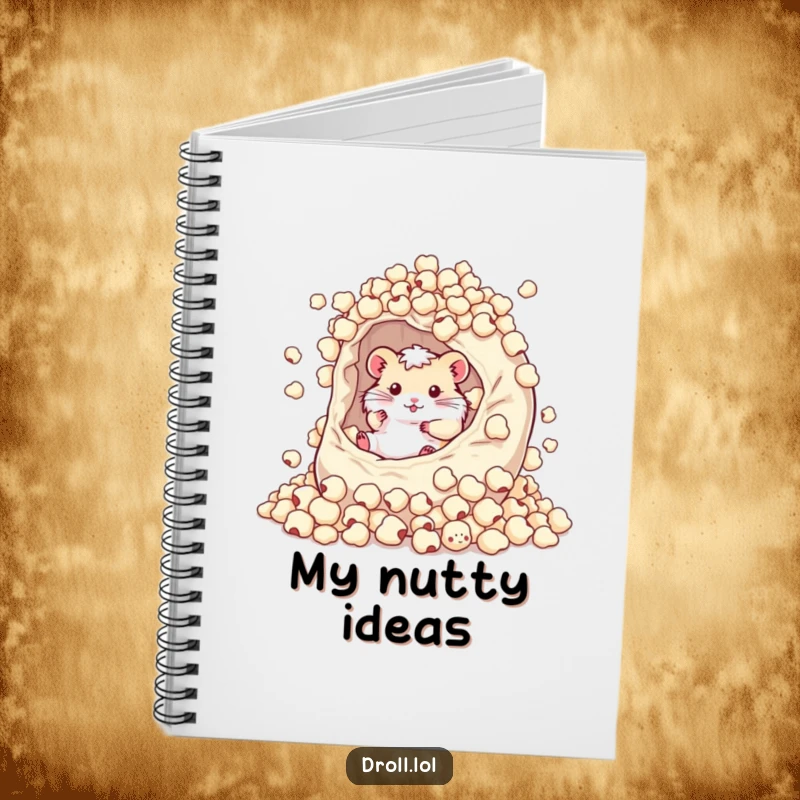 Funny notebook cover with a happy hamster rolling in a giant bag of popcorn kernels, symbolizing capturing thoughts with snack humor.