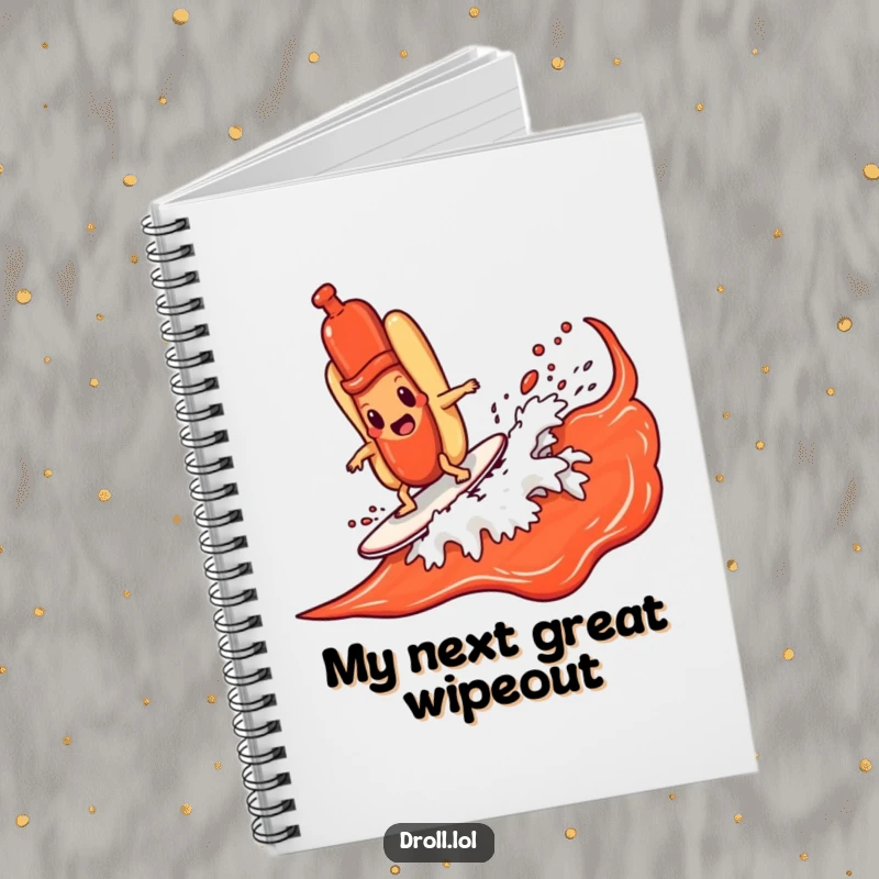 Funny hot dog character surfing a ketchup wave on a notebook cover, ideal for capturing humorous ideas and thoughts.