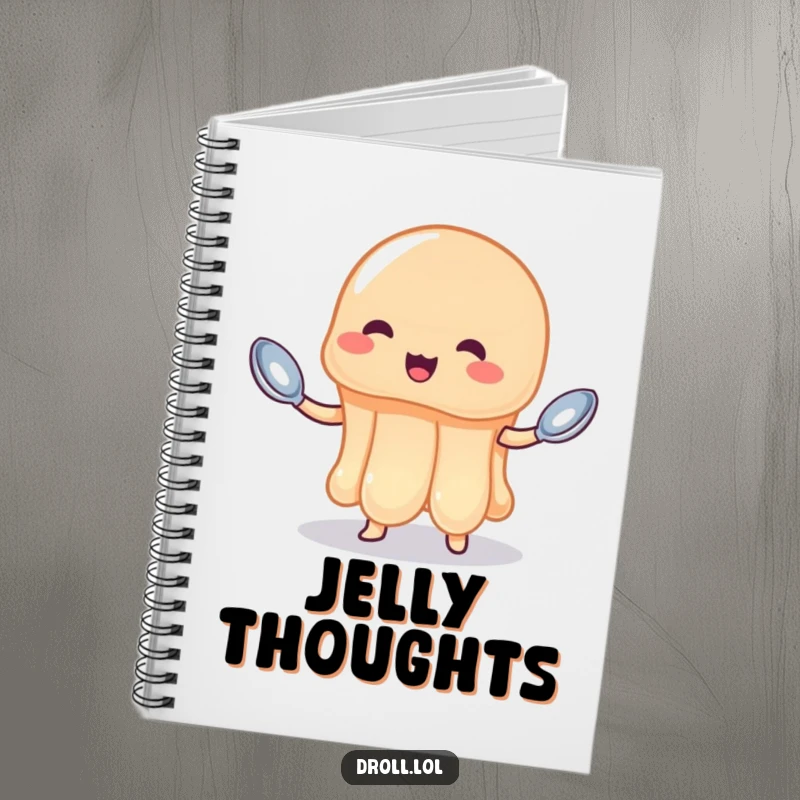 Funny jelly notebook with a wobbly jelly attempting to juggle spoons, inspiring sweet and chaotic thoughts.