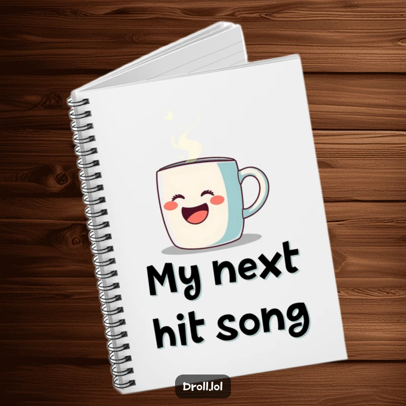 Funny notebook with a coffee mug singing opera with steam, ideal for journaling or sketching, humorous design.