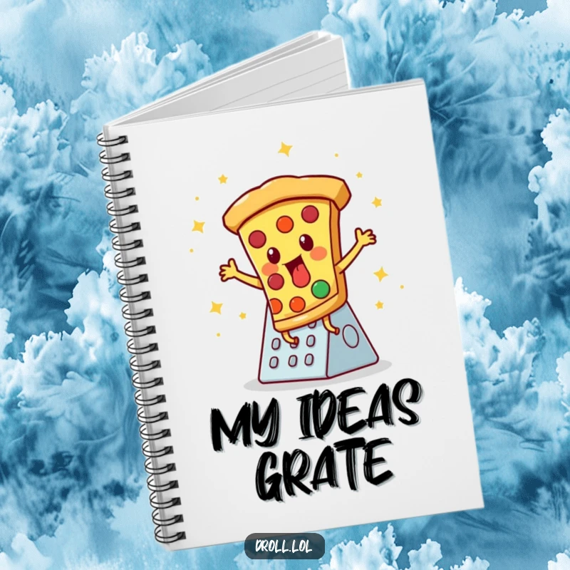 Funny notebook: A pizza slice disco dancing on a cheese grater, inspiring creative thoughts and energetic writing.