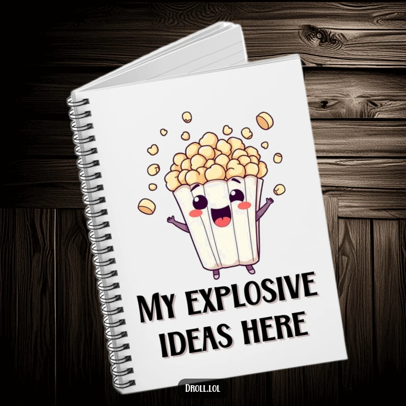 Funny notebook with a mischievous popcorn bag character bursting with kernels, ready for notes, an inspiring funny gift.