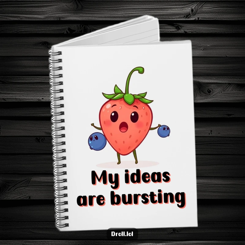 Funny notebook cover featuring a surprised strawberry juggling blueberries, perfect for journaling with a humorous and fruity theme.