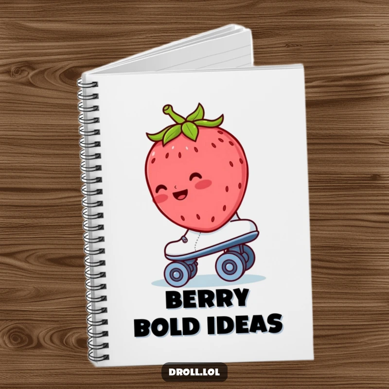 Funny strawberry notebook with a blushing strawberry riding backwards on a roller skate, inspiring sweet and creative thoughts.